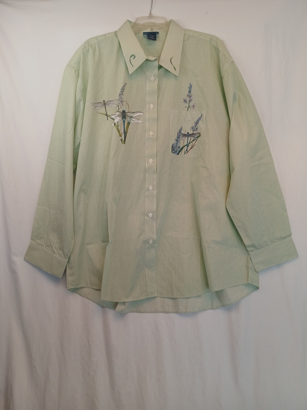 Green & White Pinstripe Dragonfly Floral Print Button Down Shirt 2X Las Olas